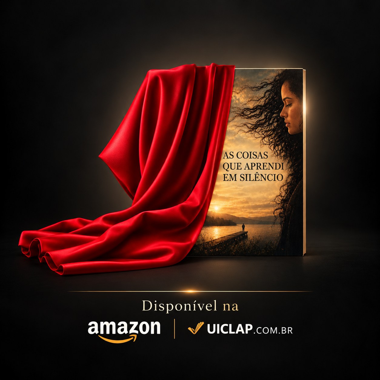 Livro As Coisas que Aprendi em Silêncio envolto em tecido vermelho, com indicação de disponibilidade na Amazon e UICLAP