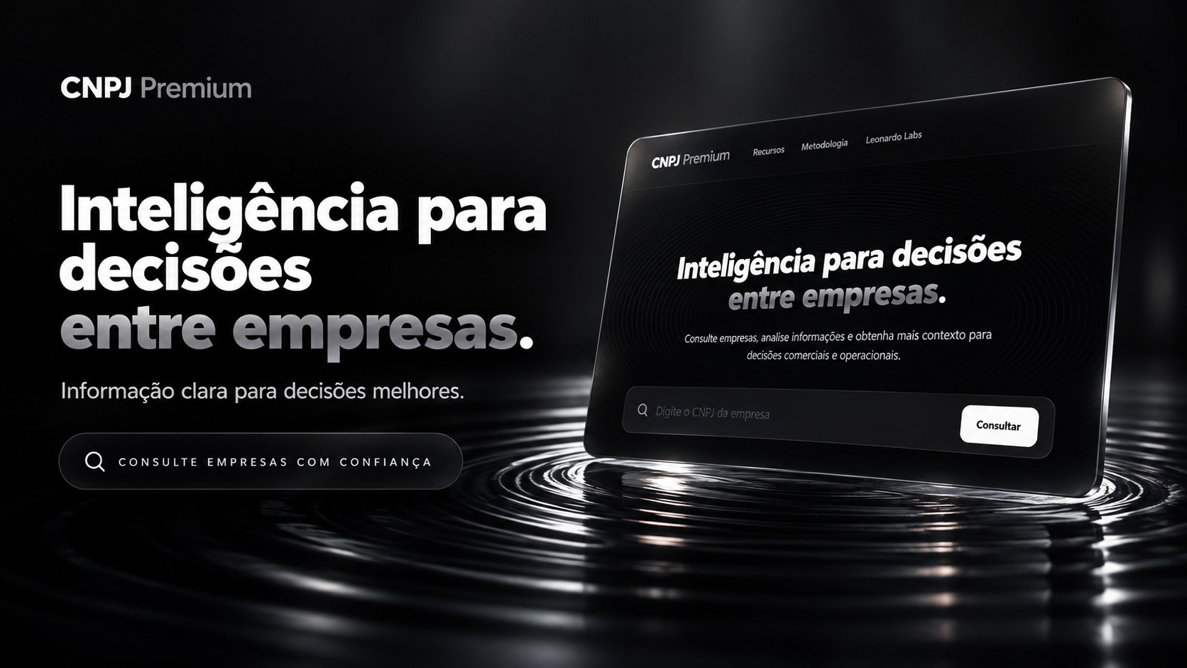 Apresentação do CNPJ Premium com a mensagem Inteligência para decisões entre empresas e interface de consulta empresarial